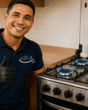 Técnico da Doutor Gás Rio ao lado de um fogão de quatro bocas com chamas azuis após conversão para gás encanado.