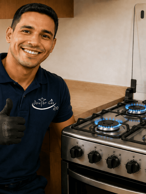 Técnico da Doutor Gás Rio ao lado de um fogão de quatro bocas com chamas azuis após conversão para gás encanado.