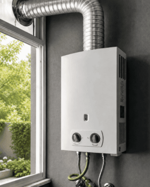 Aquecedor a gás instalado na parede, com duto de exaustão e conexões de água e gás.