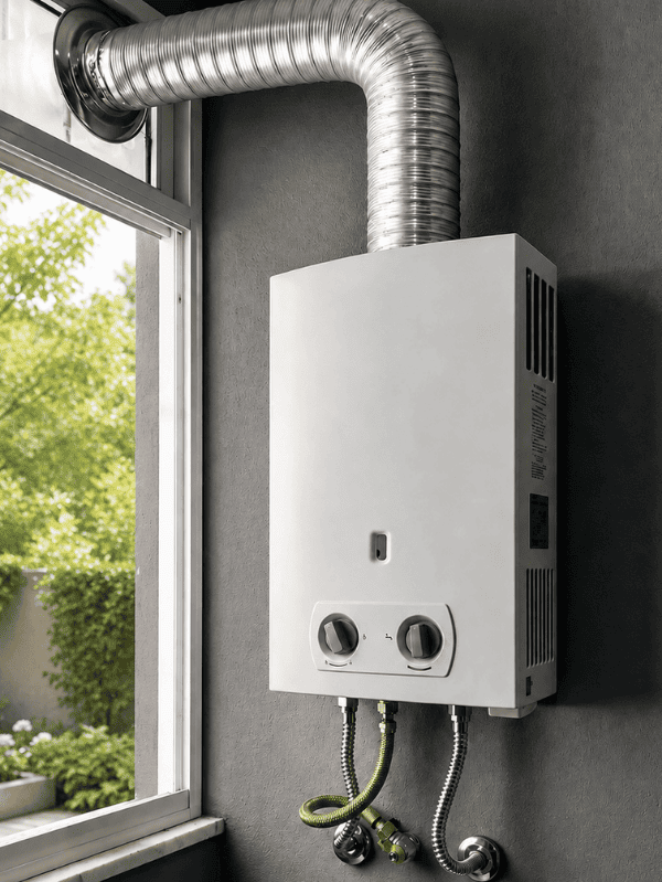 Aquecedor a gás instalado na parede, com duto de exaustão e conexões de água e gás.