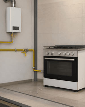 Projeto de gás com tubulação aparente conectando aquecedor e fogão em imóvel residencial.