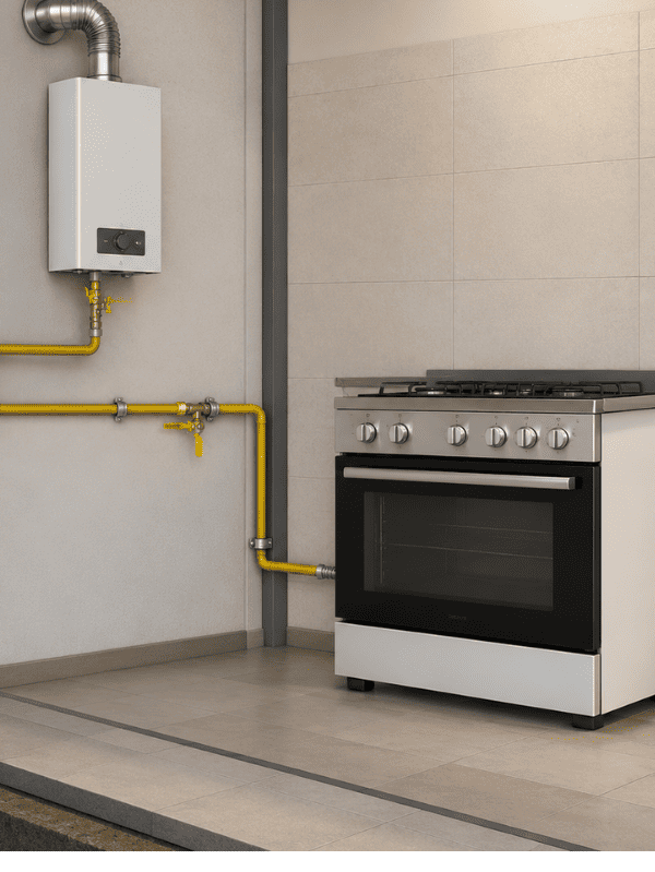 Projeto de gás com tubulação aparente conectando aquecedor e fogão em imóvel residencial.