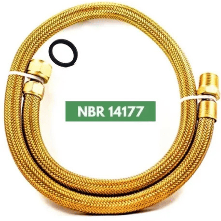 Mangueira metálica flexível dourada para instalação de gás, fabricada conforme a NBR 14177