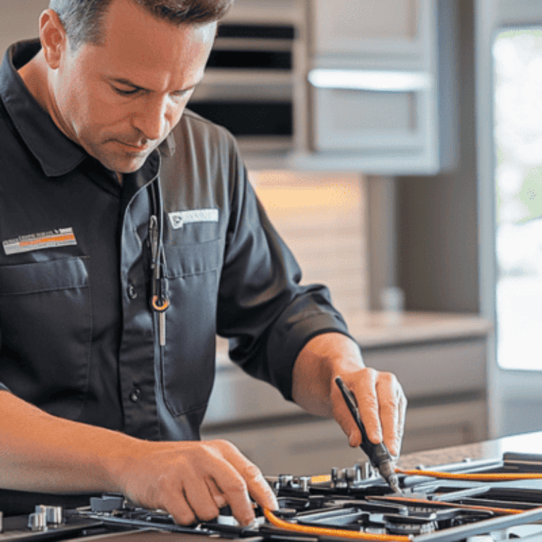 Técnico realizando a conversão de um cooktop de gás GLP para gás natural