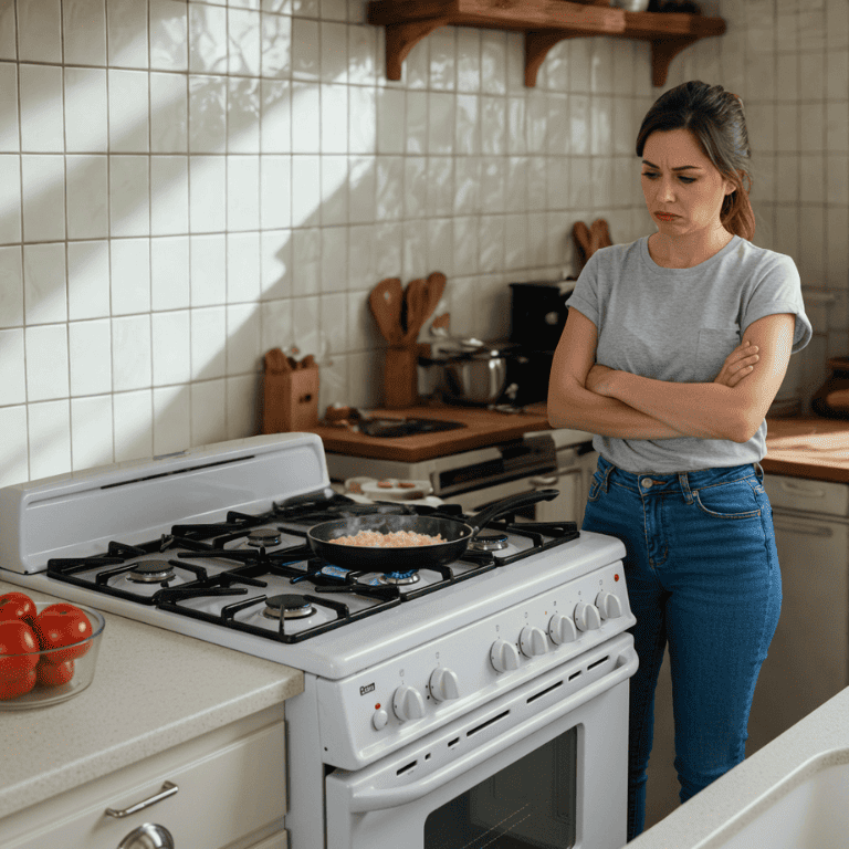 Mulher preocupada com o funcionamento inadequado de um fogão a gás durante o preparo de alimentos.