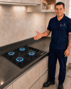 Técnico da Doutor Gás Rio ao lado de um cooktop de quatro bocas com chamas acesas.