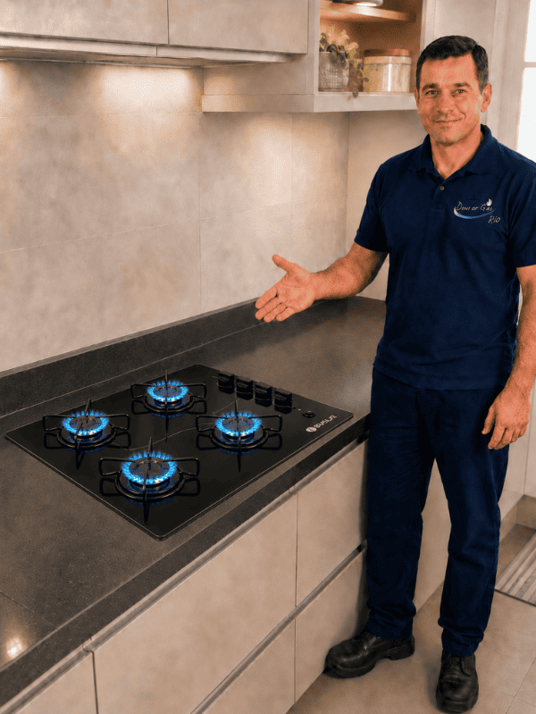 Técnico da Doutor Gás Rio ao lado de um cooktop de quatro bocas com chamas acesas.