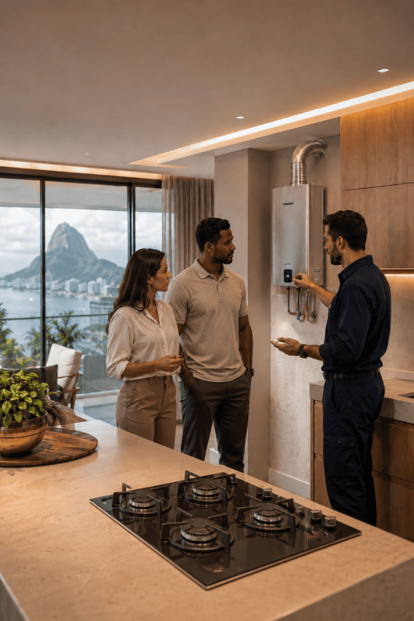 Técnico da Doutor Gás Rio orientando um casal sobre o funcionamento e a segurança da instalação de gás em uma cozinha no Rio de Janeiro.