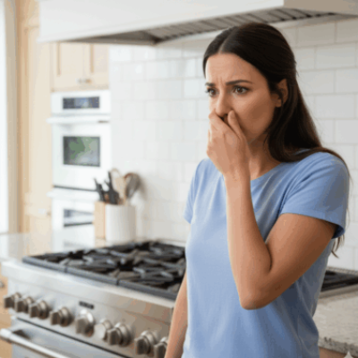 Mulher tapando o nariz por cheiro de gás na cozinha ao lado do fogão